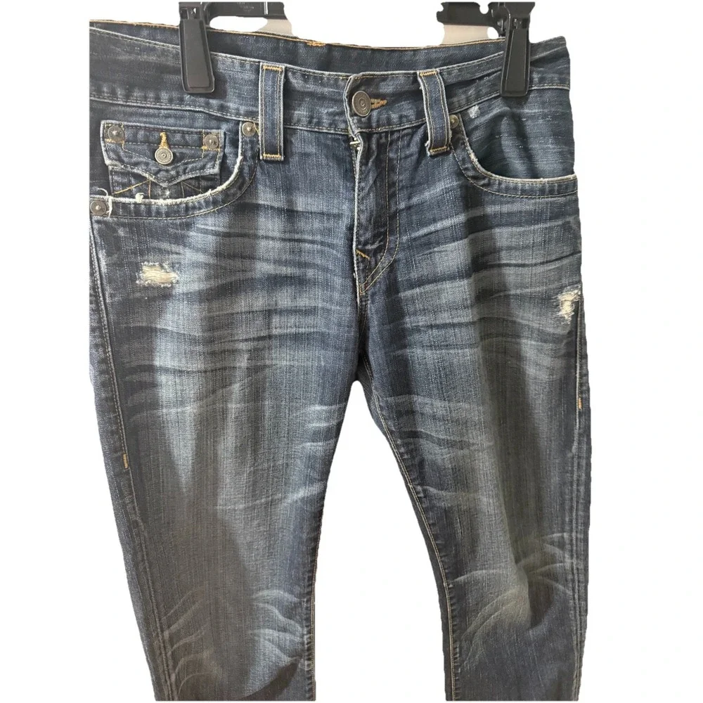 True Religion Ricky Straight Flap Jeans Men Sz 32 x 31 Blue Distress 100% Cotton